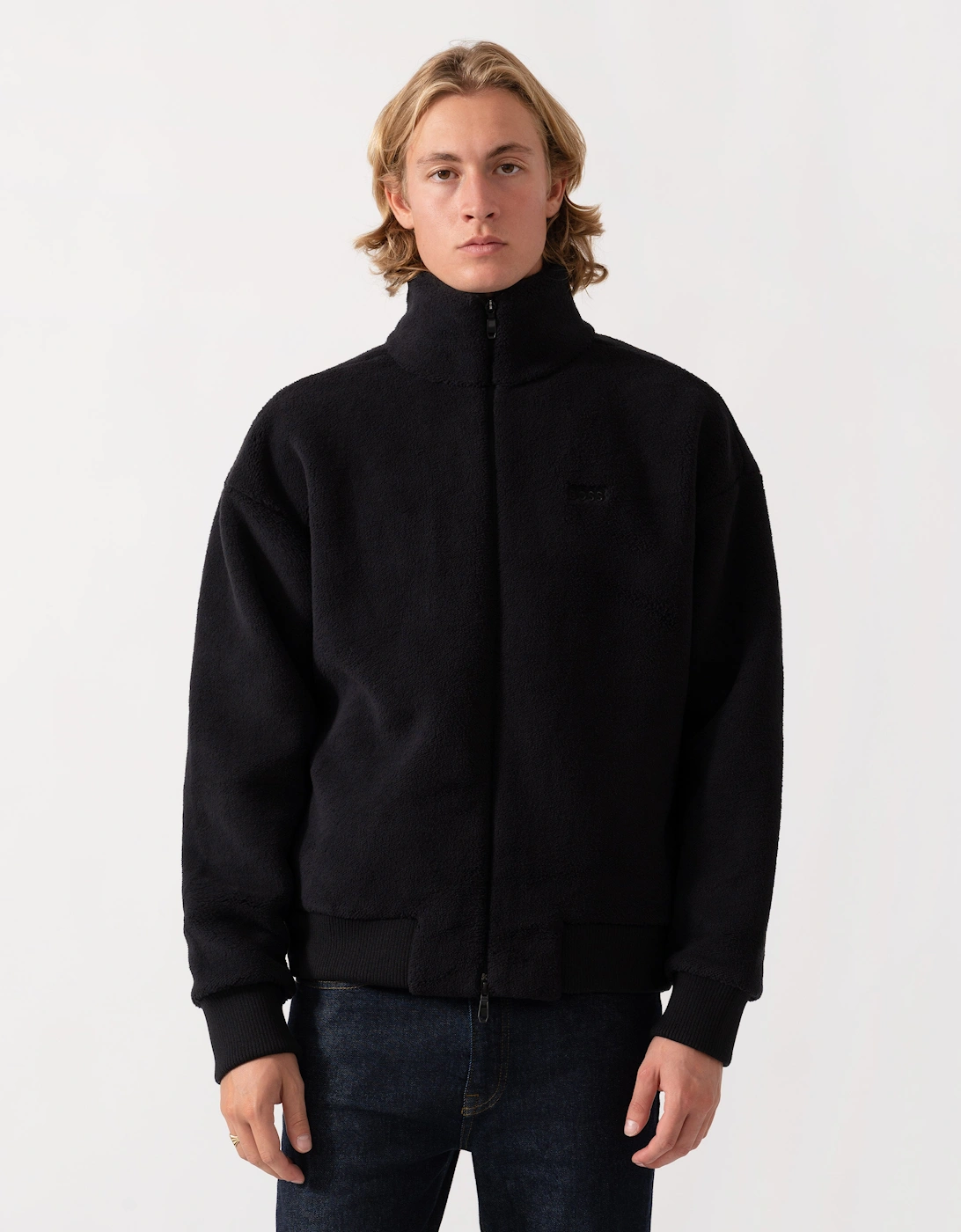 BOSS Green Mens  Logo-embroidered zip-up sweatshirt in teddy fleece - Black 001