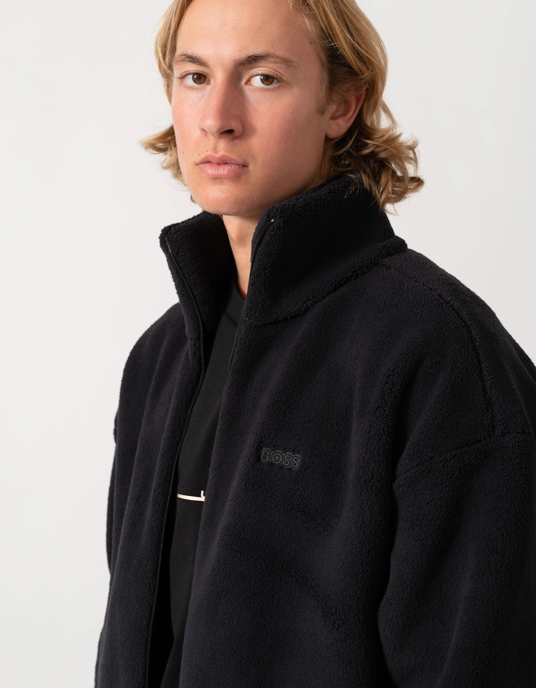 BOSS Green Mens  Logo-embroidered zip-up sweatshirt in teddy fleece - Black 001