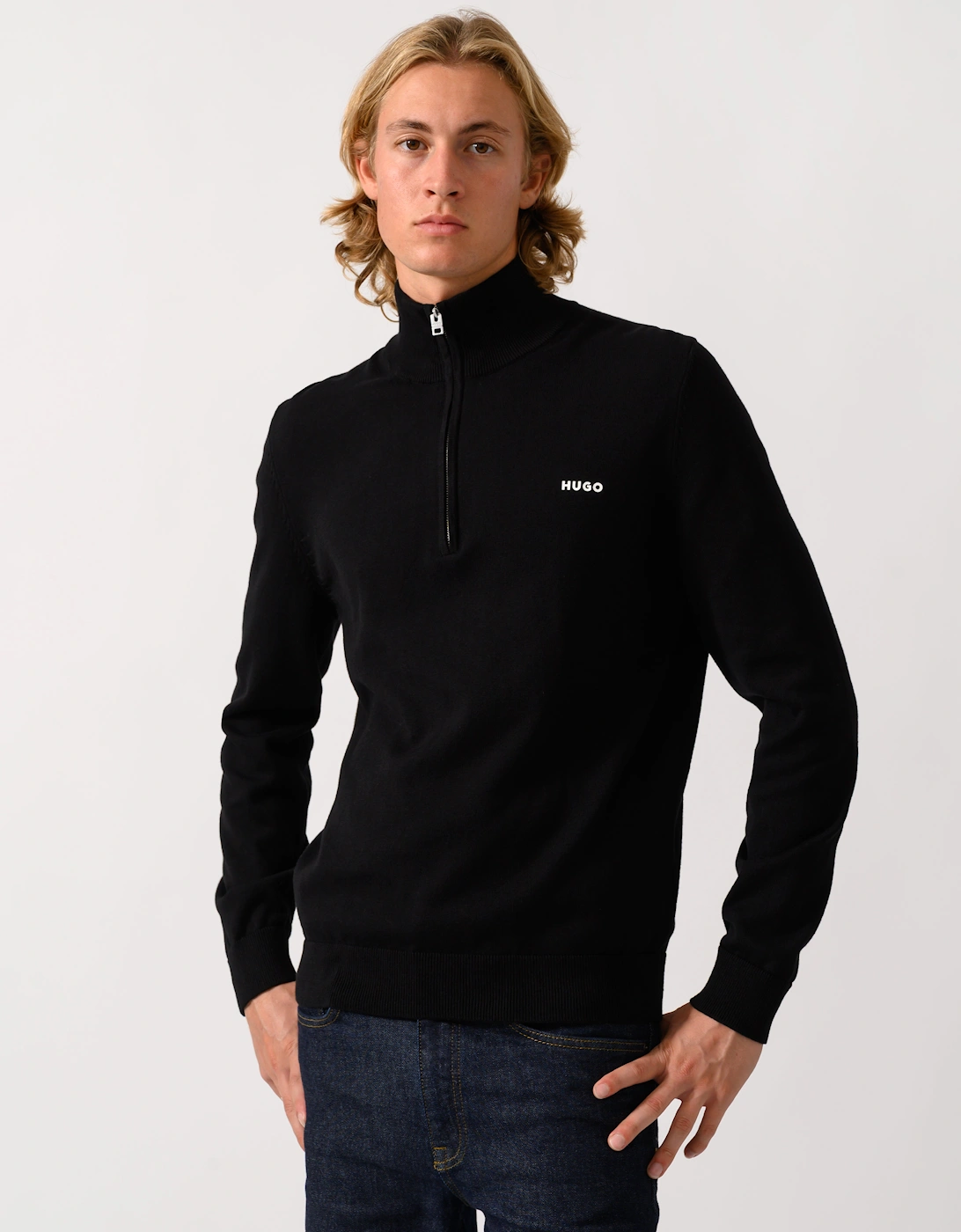 HUGO San Quintus-C2 Mens 1/4 Zip Funnel Neck Jumper - Black 001