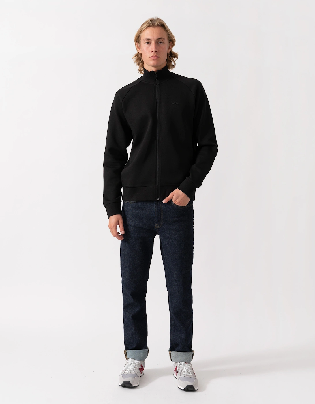 BOSS Green Skaz Mens Full Zip Funnel Neck Sweatshirt with Tonal Logo - Black 001
