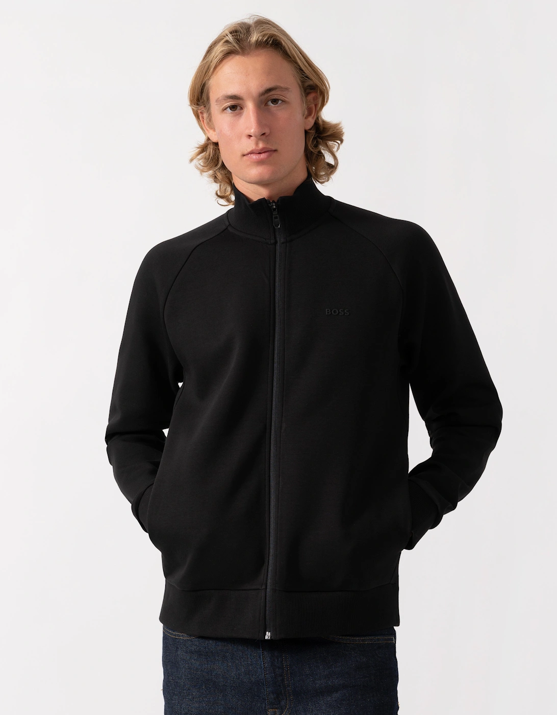 BOSS Green Skaz Mens Full Zip Funnel Neck Sweatshirt with Tonal Logo - Black 001