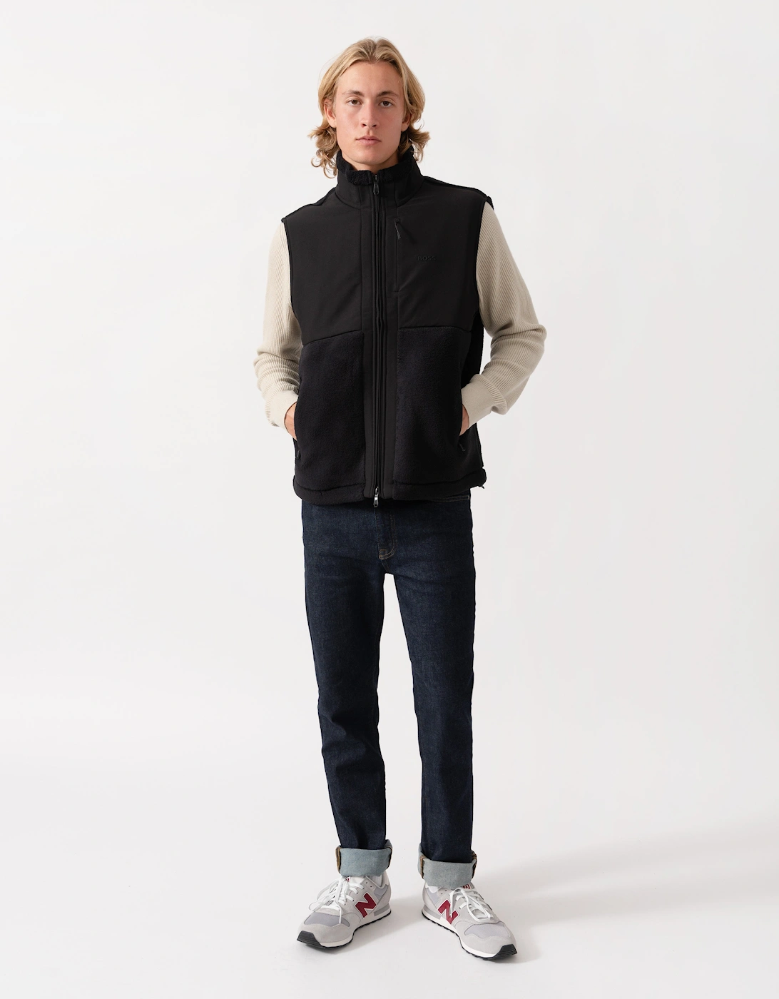 BOSS Green Sveedy Mens Contrast-panel teddy fleece gilet with logo  - Black 001