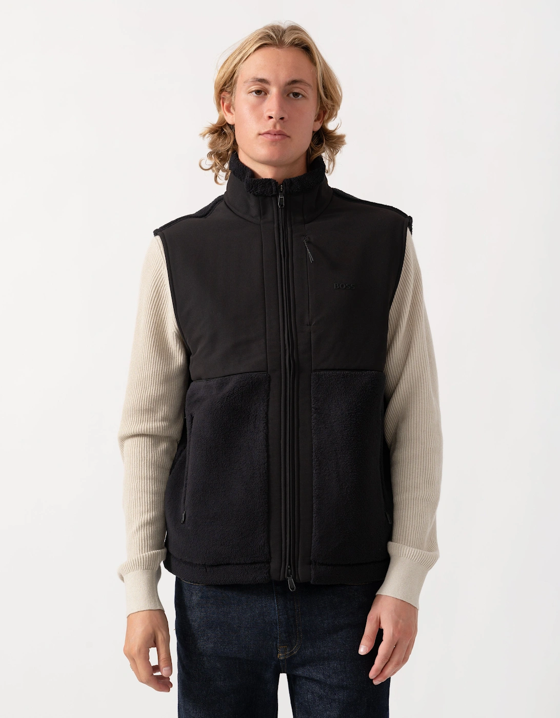 Men's BOSS Green Sveedy Mens Contrast-panel teddy fleece gilet with logo  - Black 001 - Size: 40/Regular