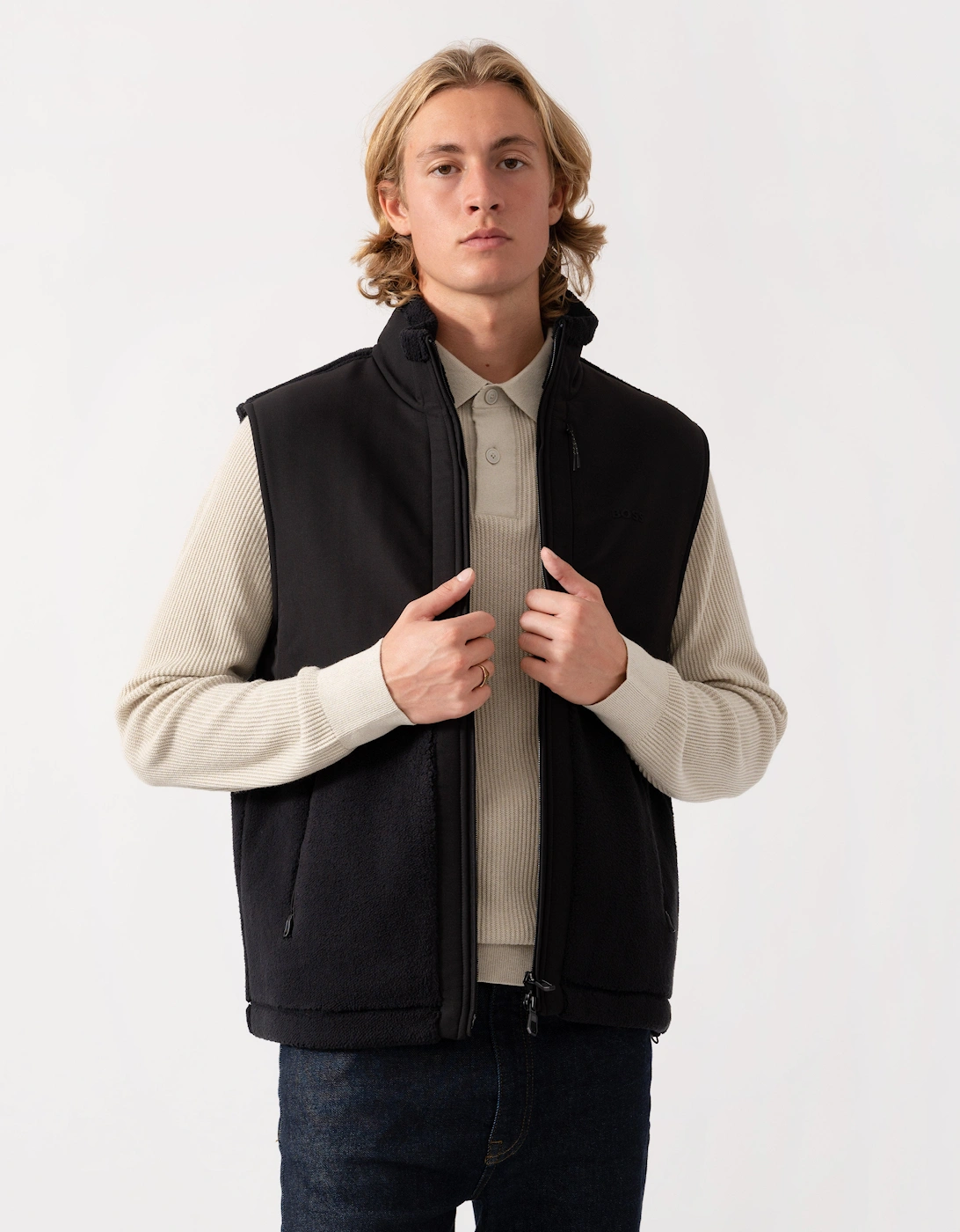 BOSS Green Sveedy Mens Contrast-panel teddy fleece gilet with logo  - Black 001