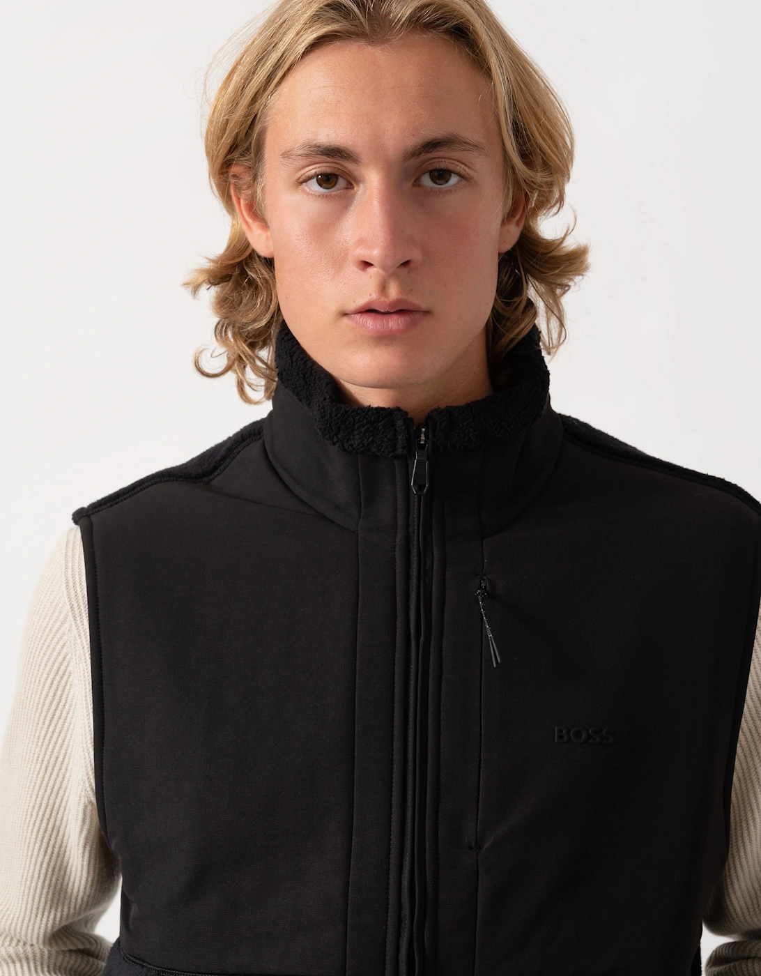 BOSS Green Sveedy Mens Contrast-panel teddy fleece gilet with logo  - Black 001