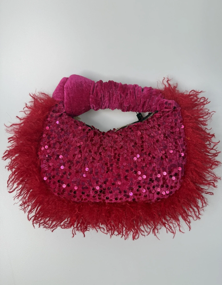 Pink Bamboo Faux Fur Trim Sequin Tote Bag