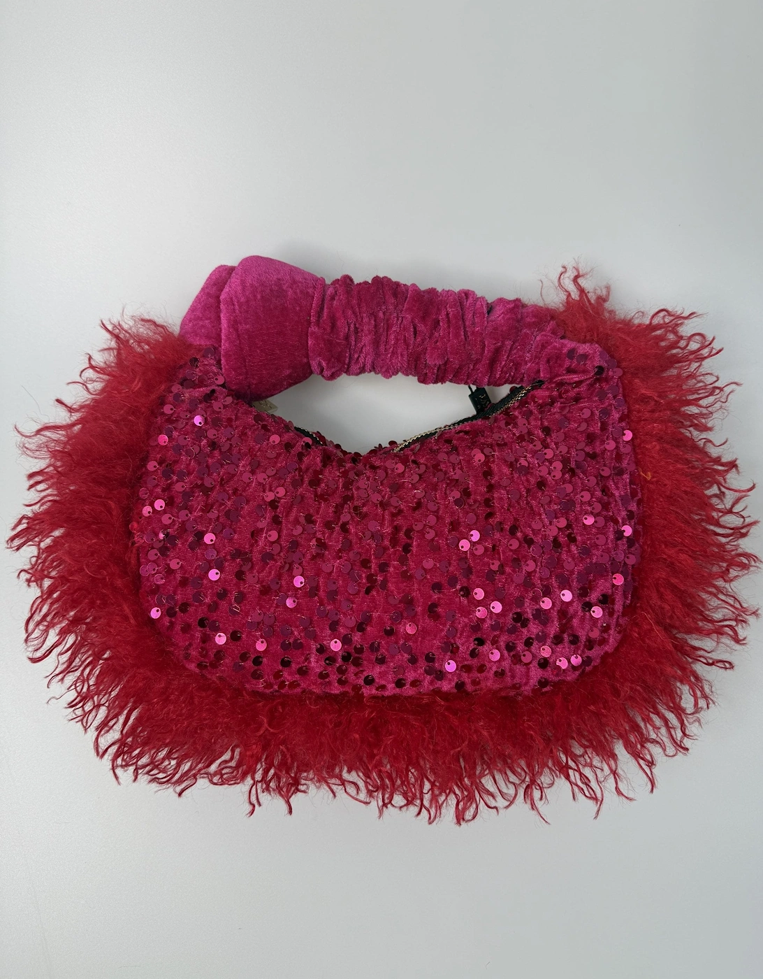 Pink Bamboo Faux Fur Trim Sequin Tote Bag