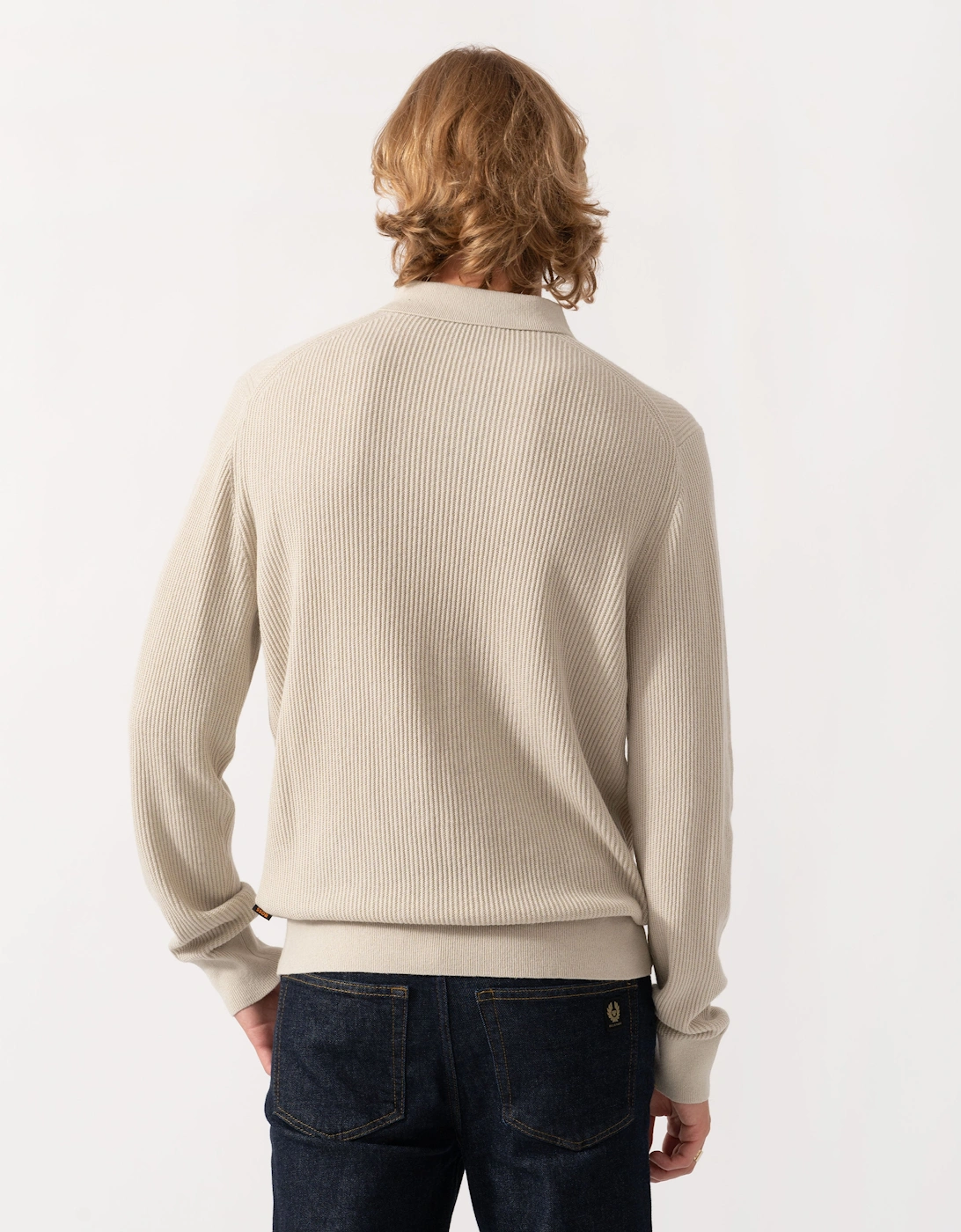 BOSS Orange Afedro Mens Long Sleeve Knit Polo Shirt - Light Beige 271