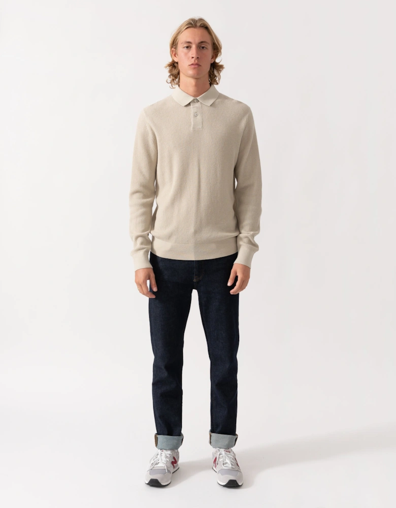 BOSS Orange Afedro Mens Long Sleeve Knit Polo Shirt - Light Beige 271