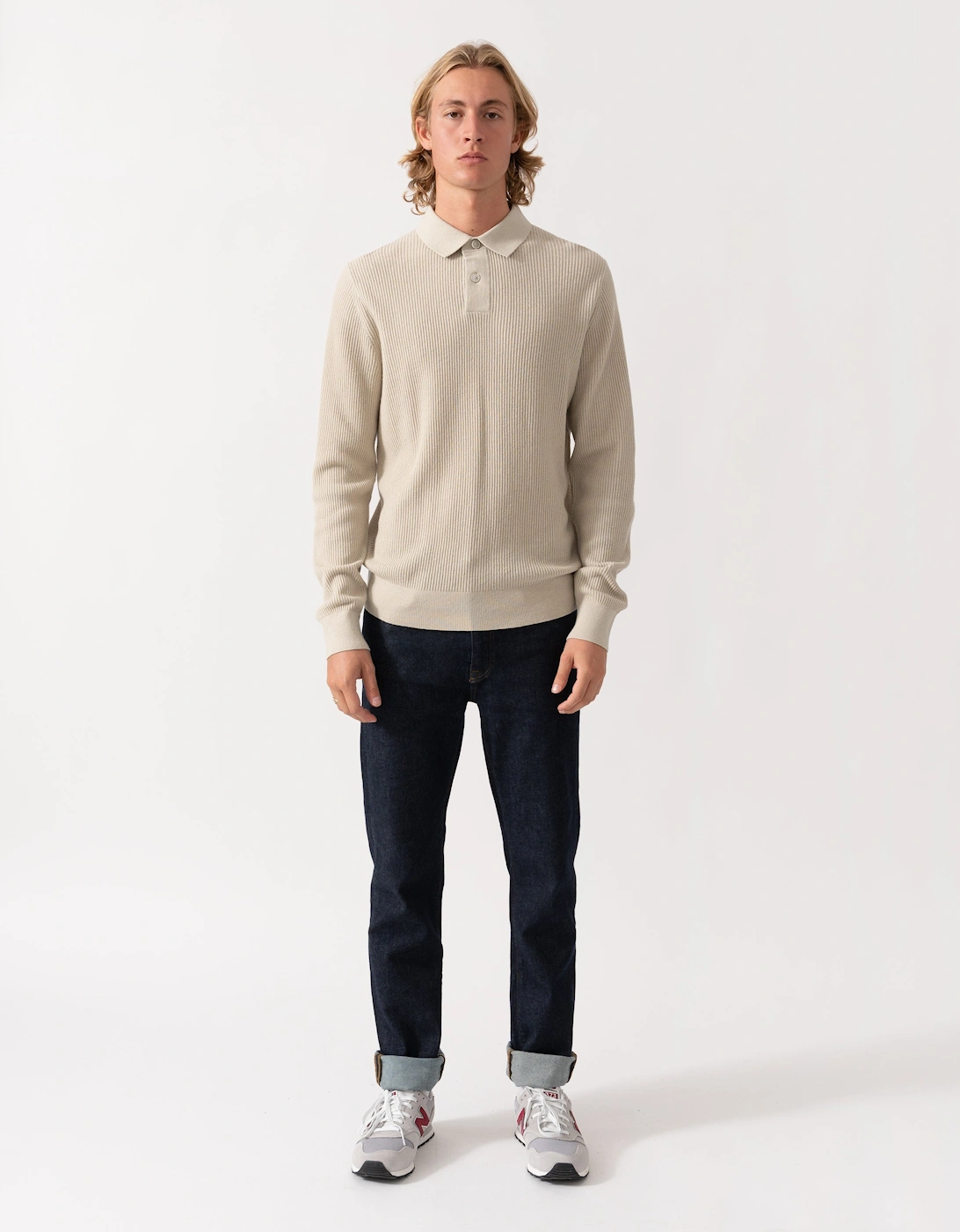 BOSS Orange Afedro Mens Long Sleeve Knit Polo Shirt - Light Beige 271