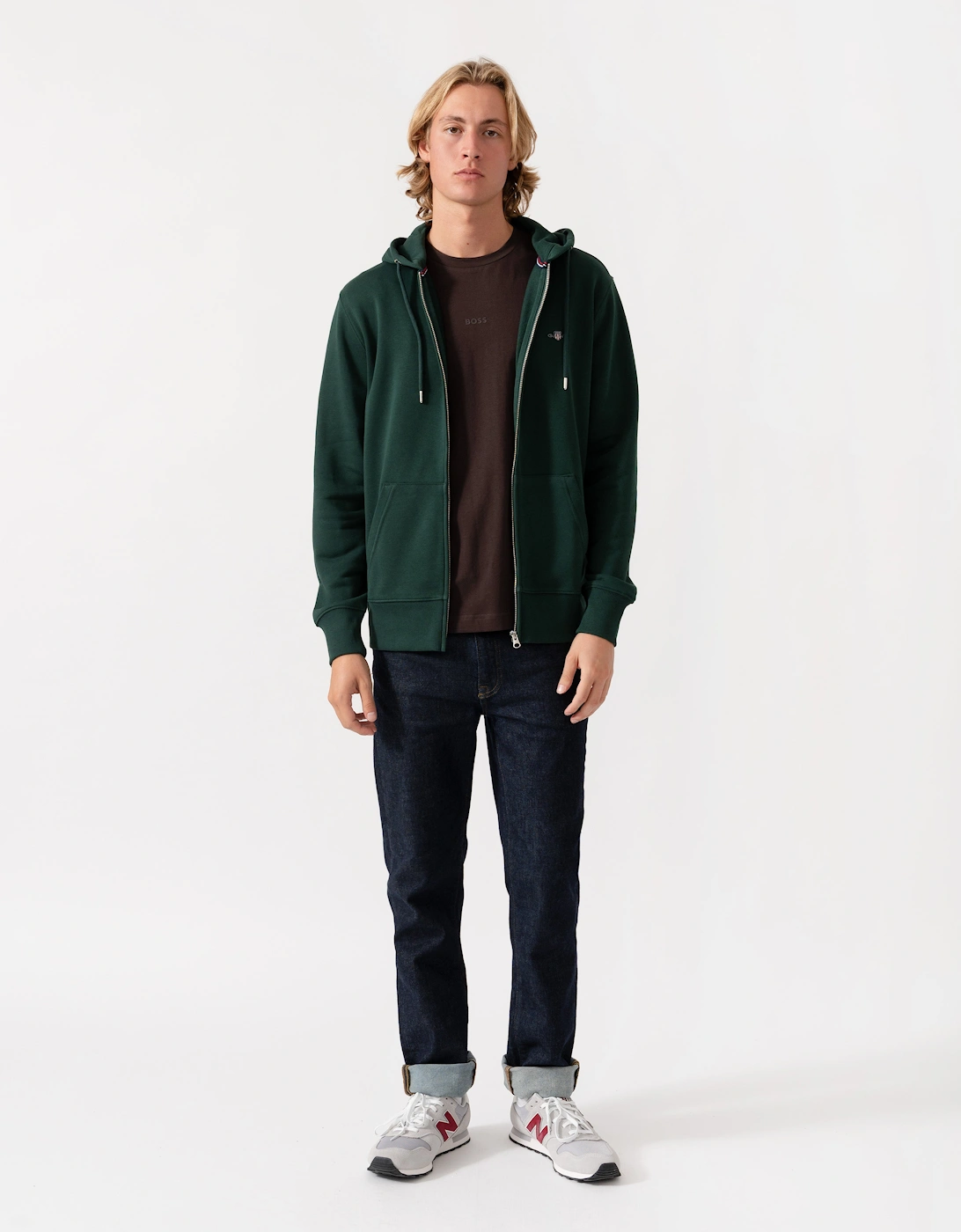 GANT Mens Regular Fit Shield Logo Full Zip Hoodie - 374 Tartan Green
