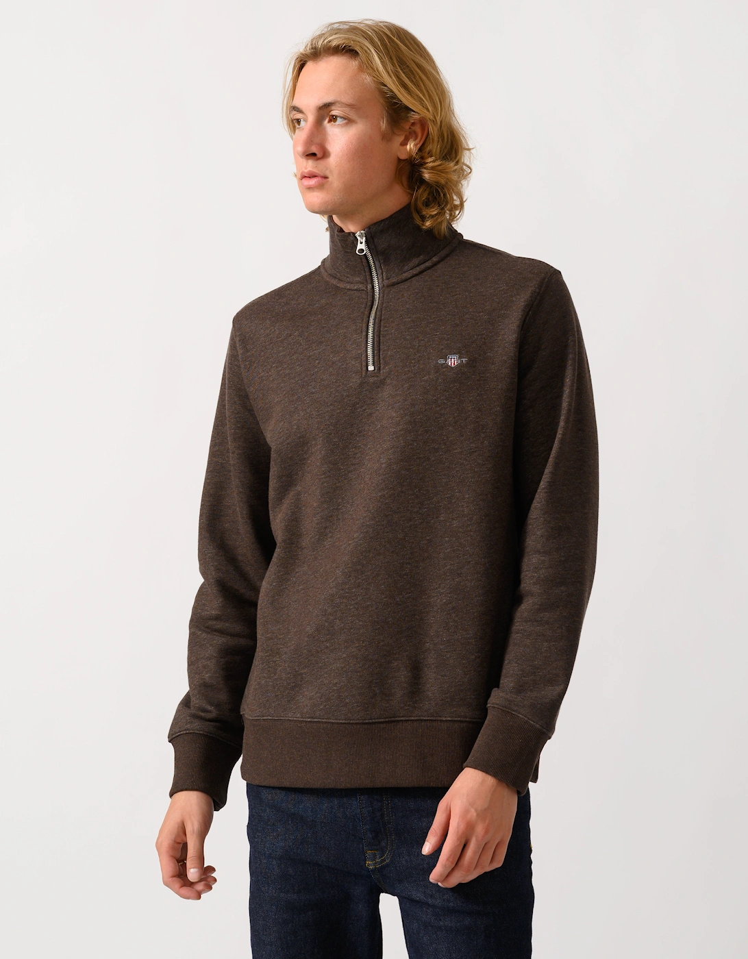 Men's GANT Mens Regular Fit Shield Logo Half Zip Sweatshirt - 284 Black Brown Melange - Size: 40