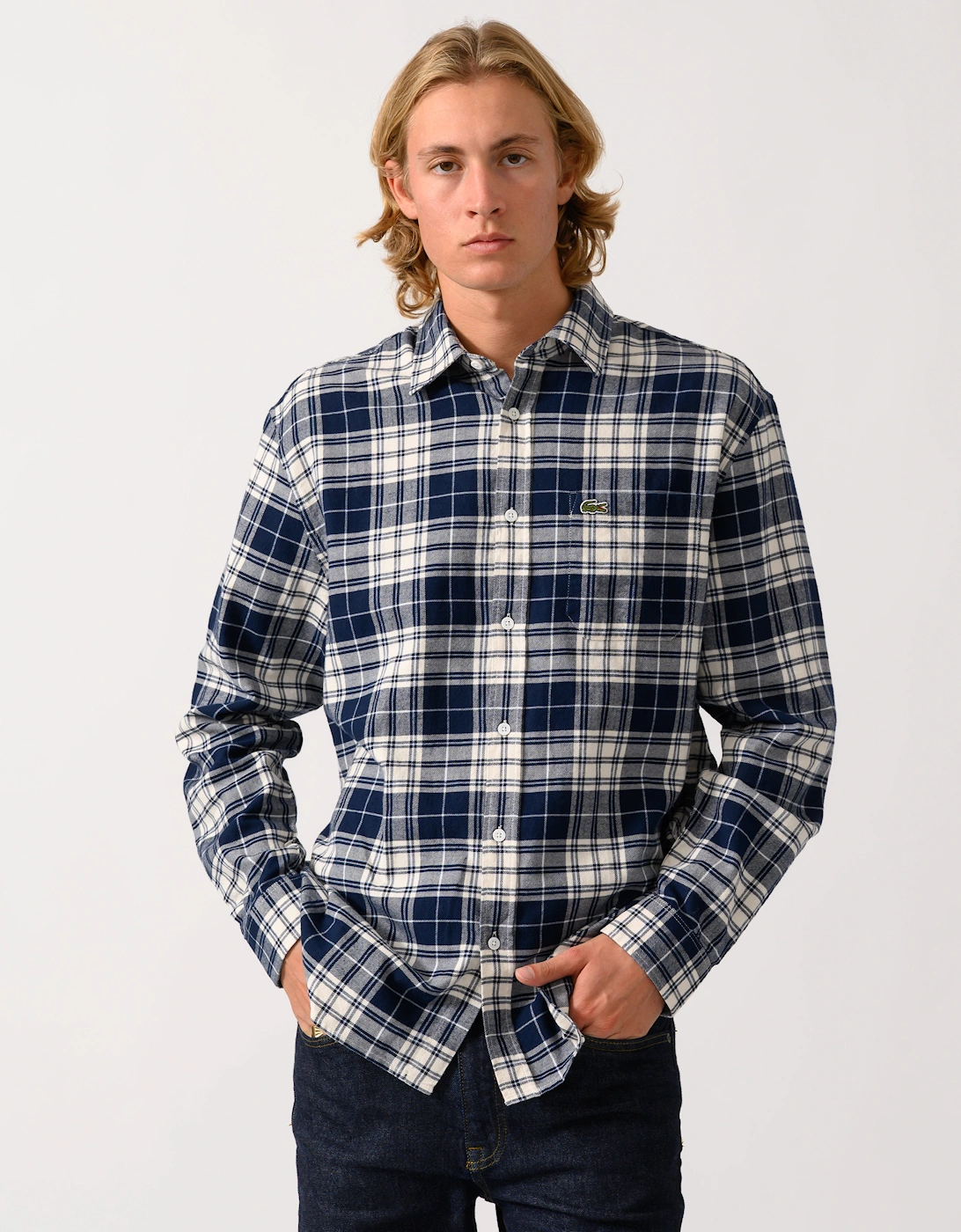 Men's Lacoste Casual Flannel Mens Long Sleeve Shirt - Lapland/Navy Blue-Rill DCN0 - Lapland Navy Blue Rill Dcn - Size: 38/Regular