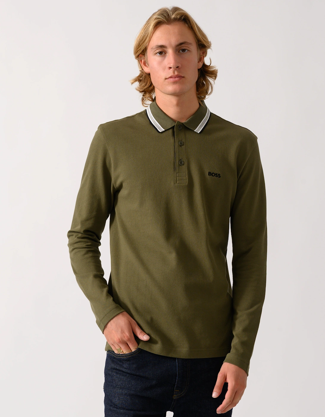 BOSS Green Plisy Mens Long Sleeve Polo Shirt  - Open Green 398