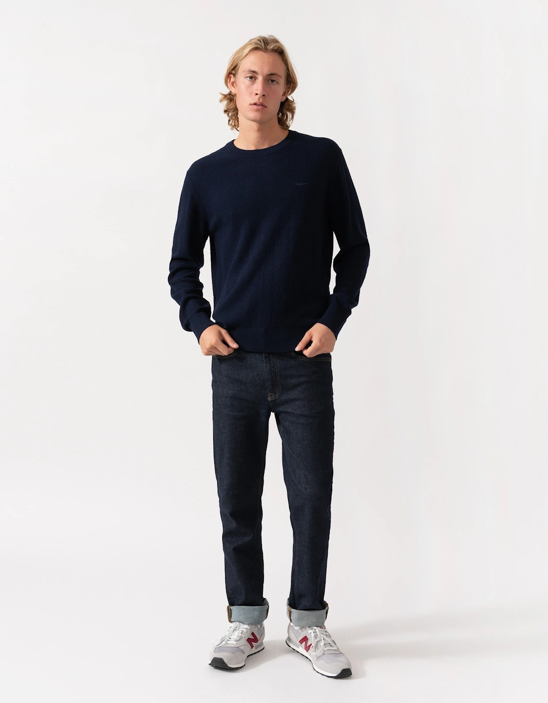 GANT Mens Herringbone Textured Crew Neck Sweater - 433 Evening Blue