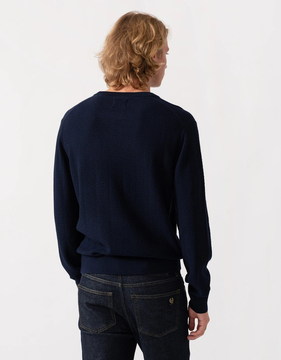 GANT Mens Herringbone Textured Crew Neck Sweater - 433 Evening Blue