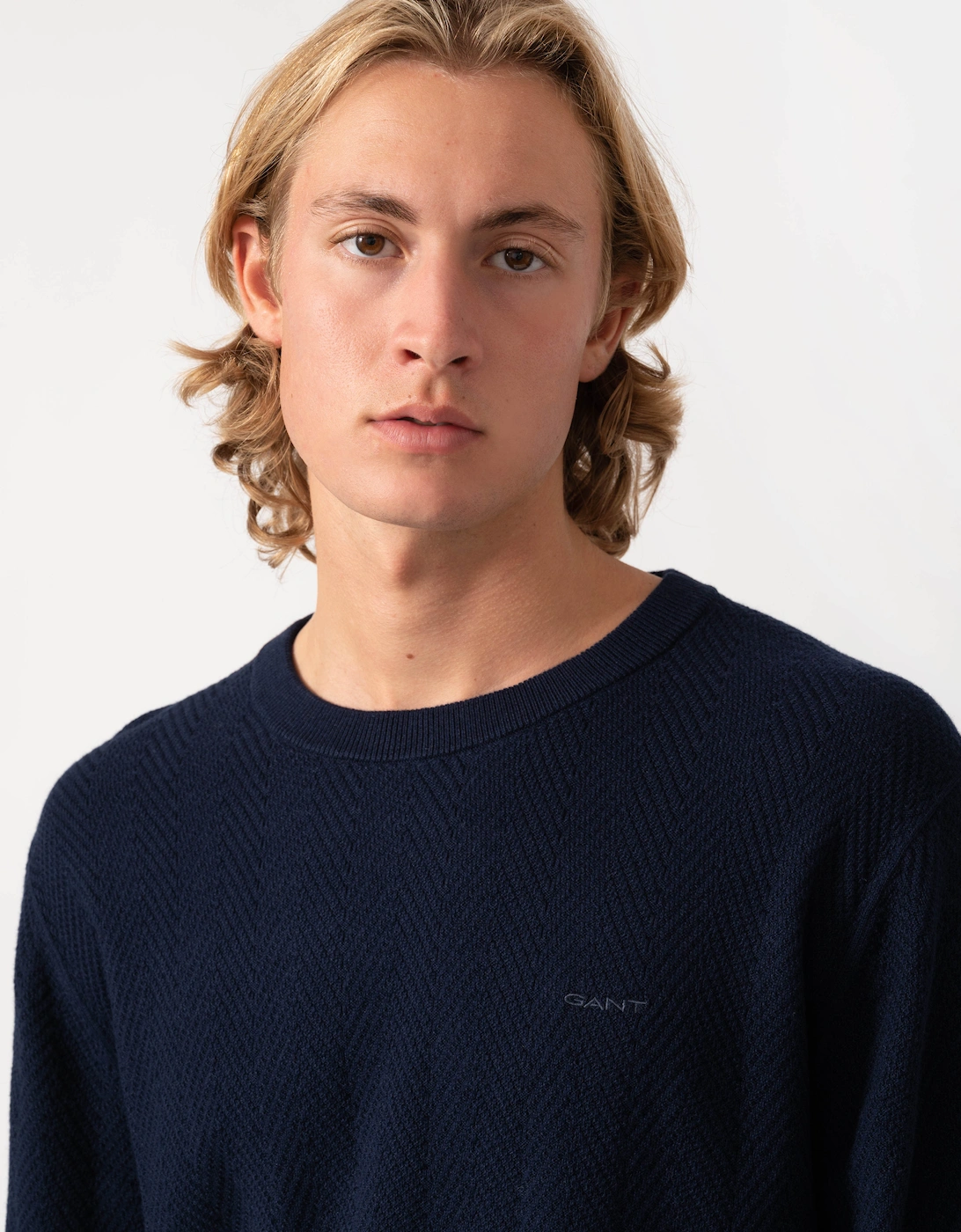 GANT Mens Herringbone Textured Crew Neck Sweater - 433 Evening Blue