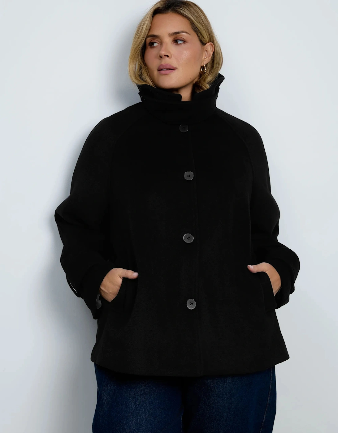 Black Wool Blend Jacket with Button Fastening