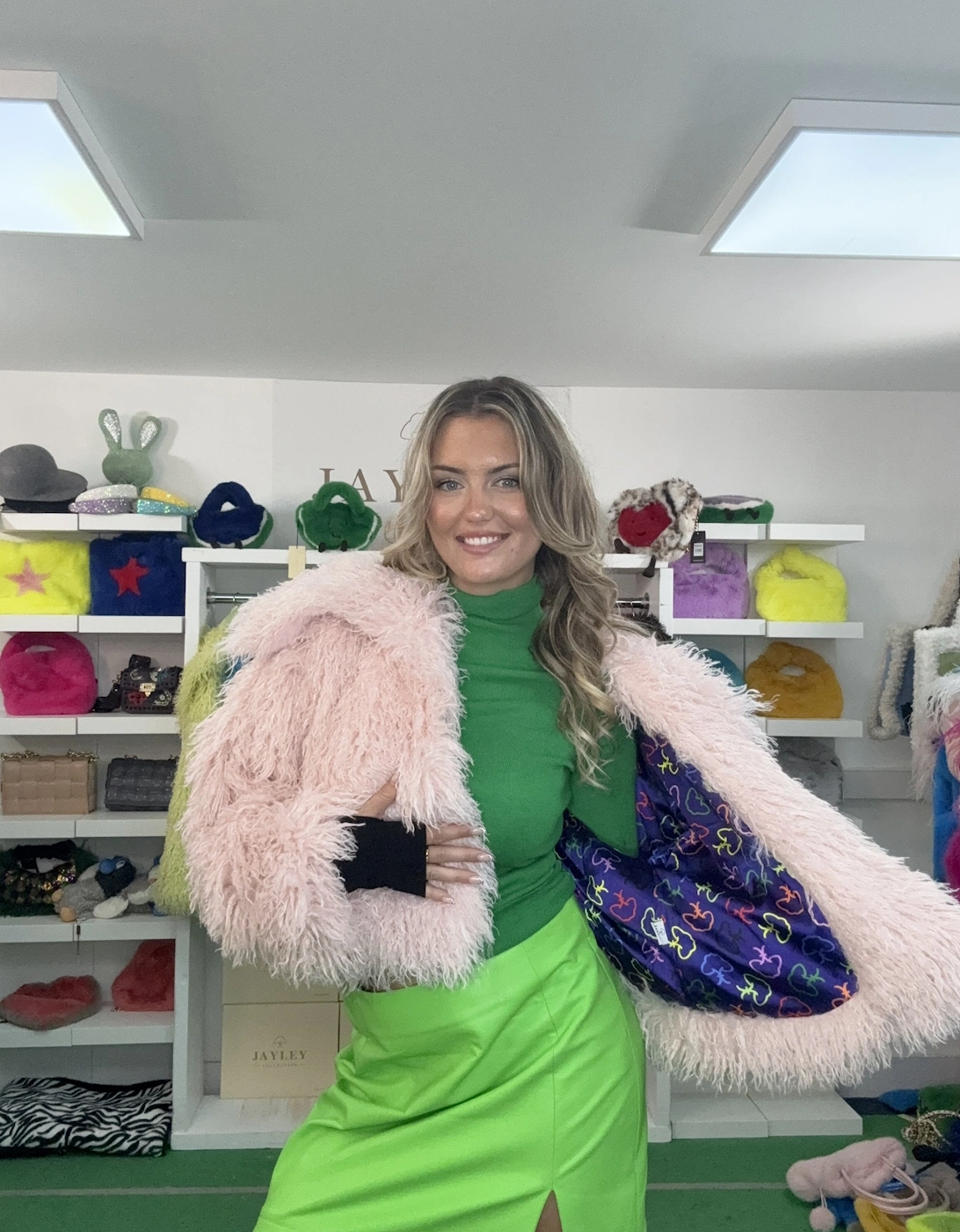 Pink Bamboo Blend Faux Mongolian Jacket