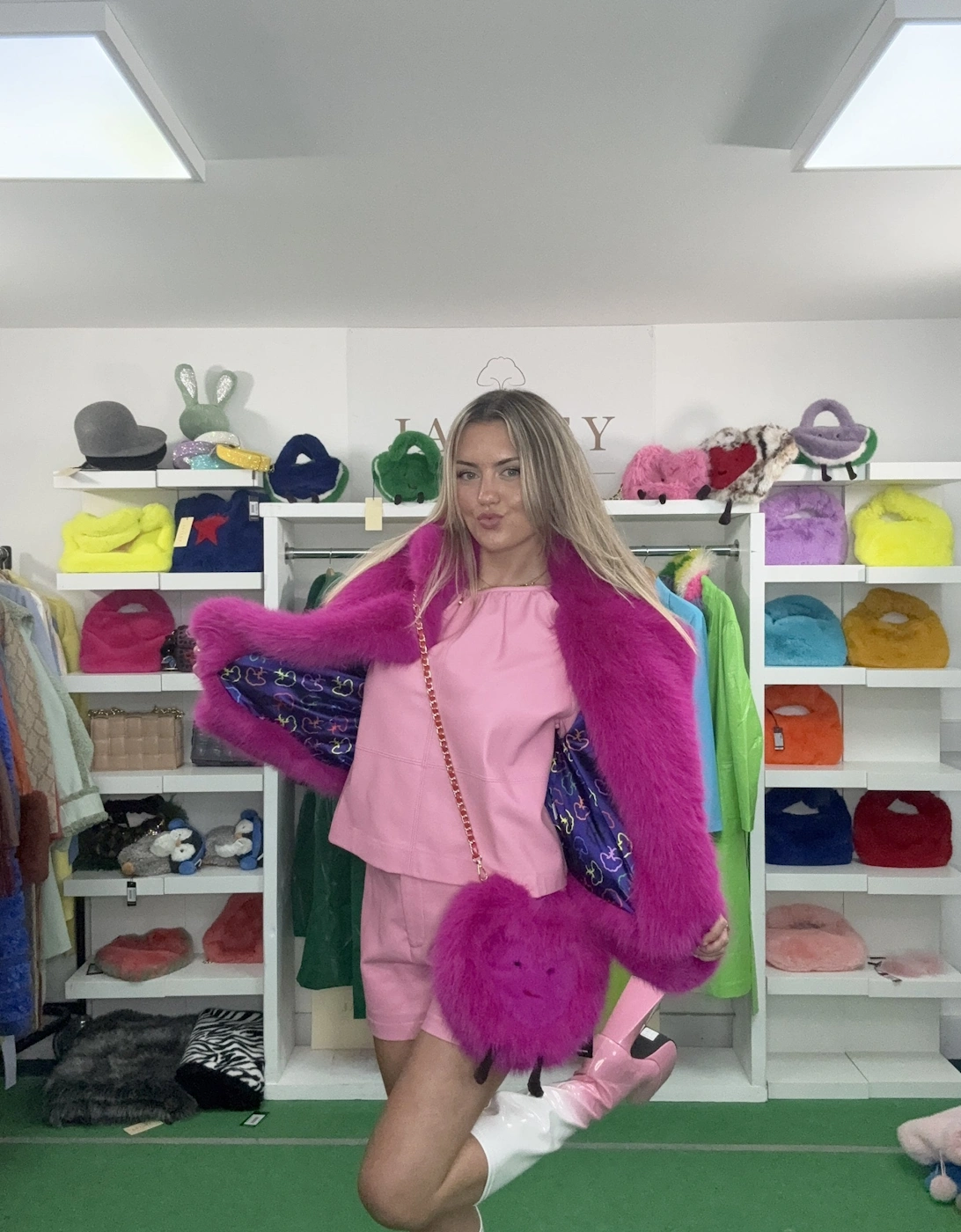 Hot Pink Handmade Bamboo Faux Fur Heart Bag