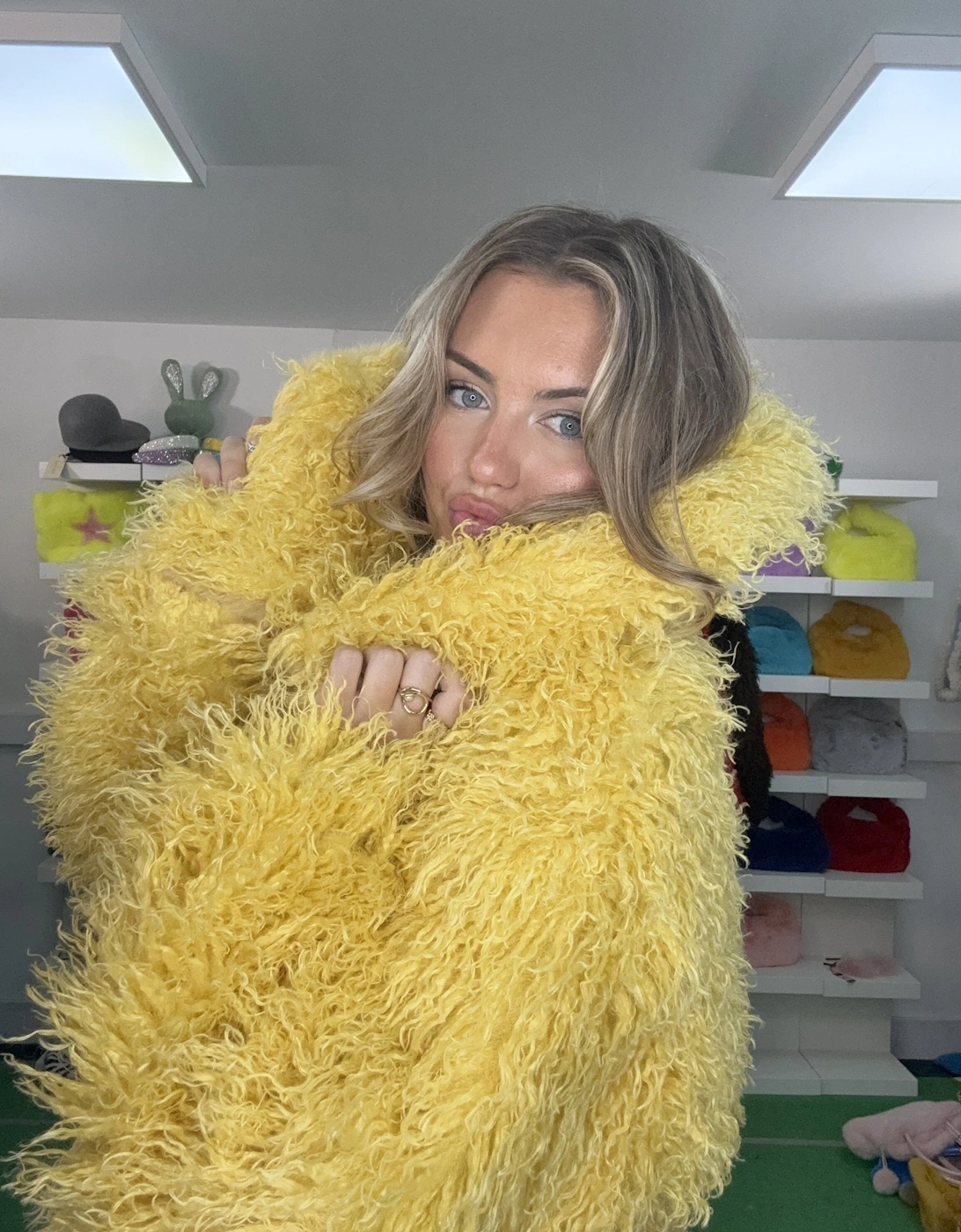 Yellow Bamboo Blend Faux Mongolian Jacket