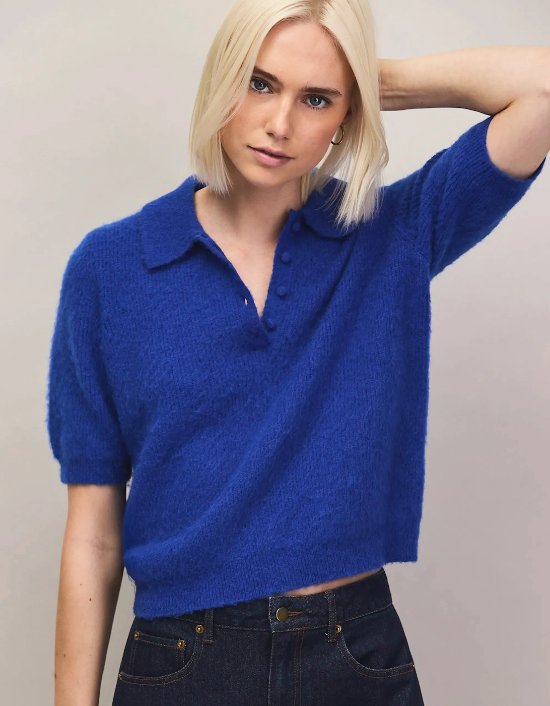 Blue Brushed Knit Top With Wool And Mohair