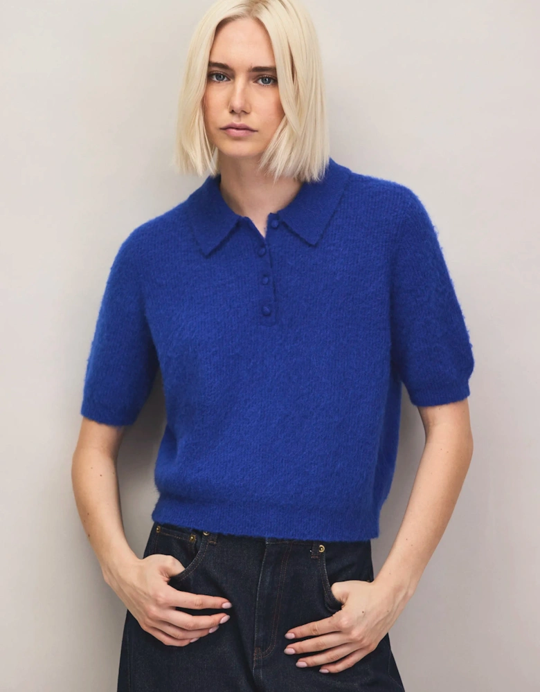 Blue Brushed Knit Top With Wool And Mohair