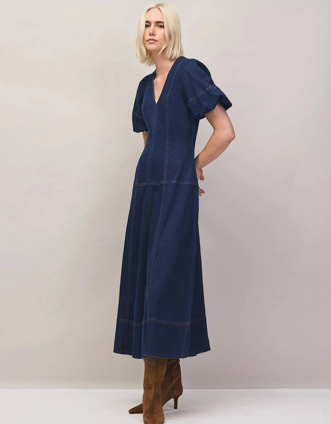 Blue Denim Puff Sleeve Midi Dress