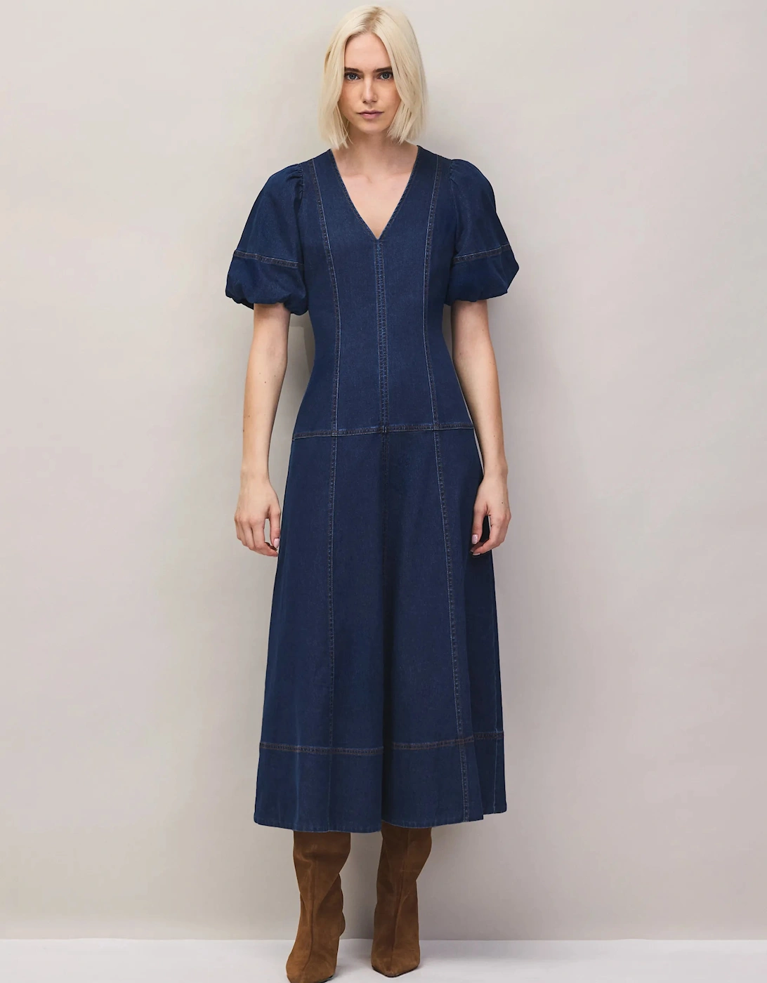Blue Denim Puff Sleeve Midi Dress