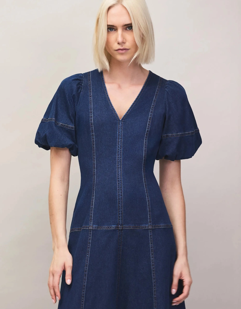 Blue Denim Puff Sleeve Midi Dress
