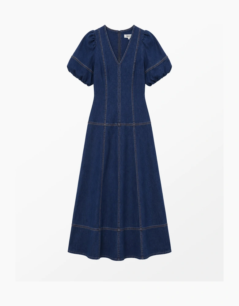 Blue Denim Puff Sleeve Midi Dress
