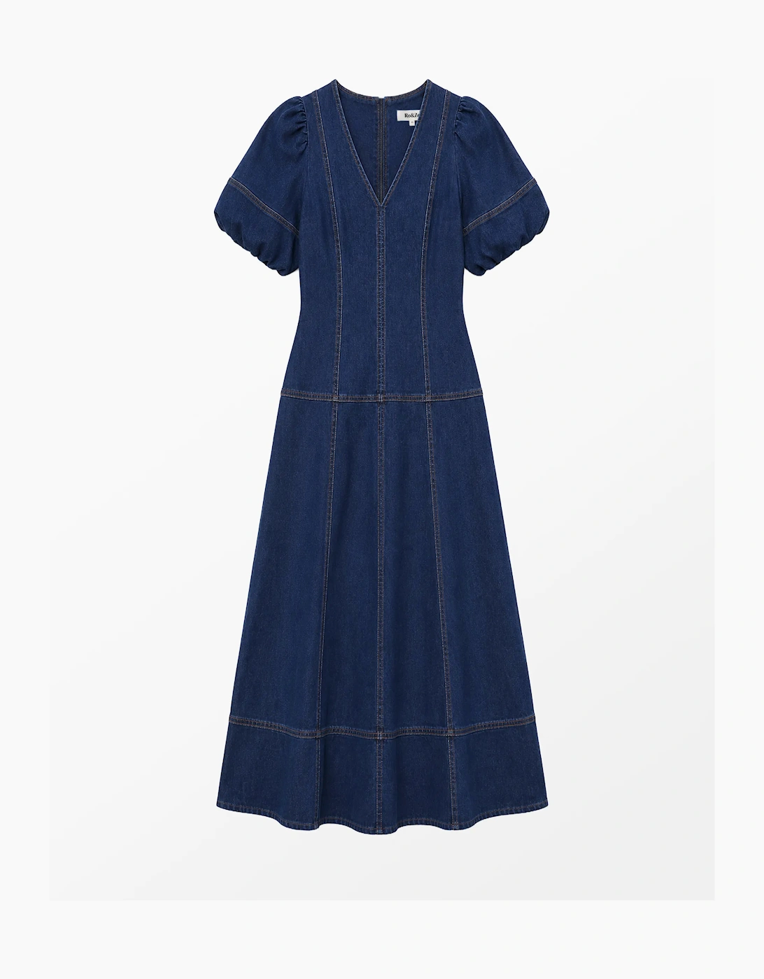 RO&ZO Women's Petite Blue Denim Puff Sleeve Midi Dress - Size: 8