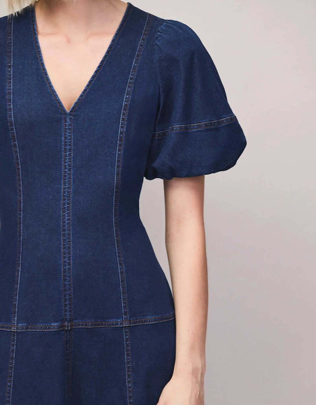 Blue Denim Puff Sleeve Midi Dress