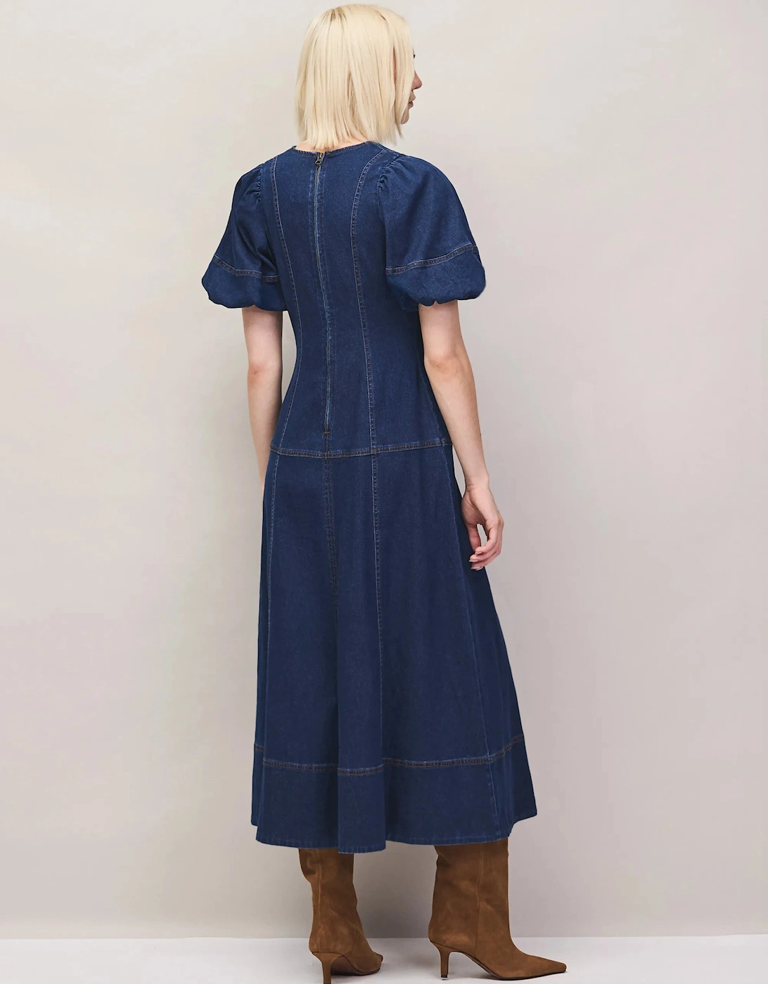 Blue Denim Puff Sleeve Midi Dress