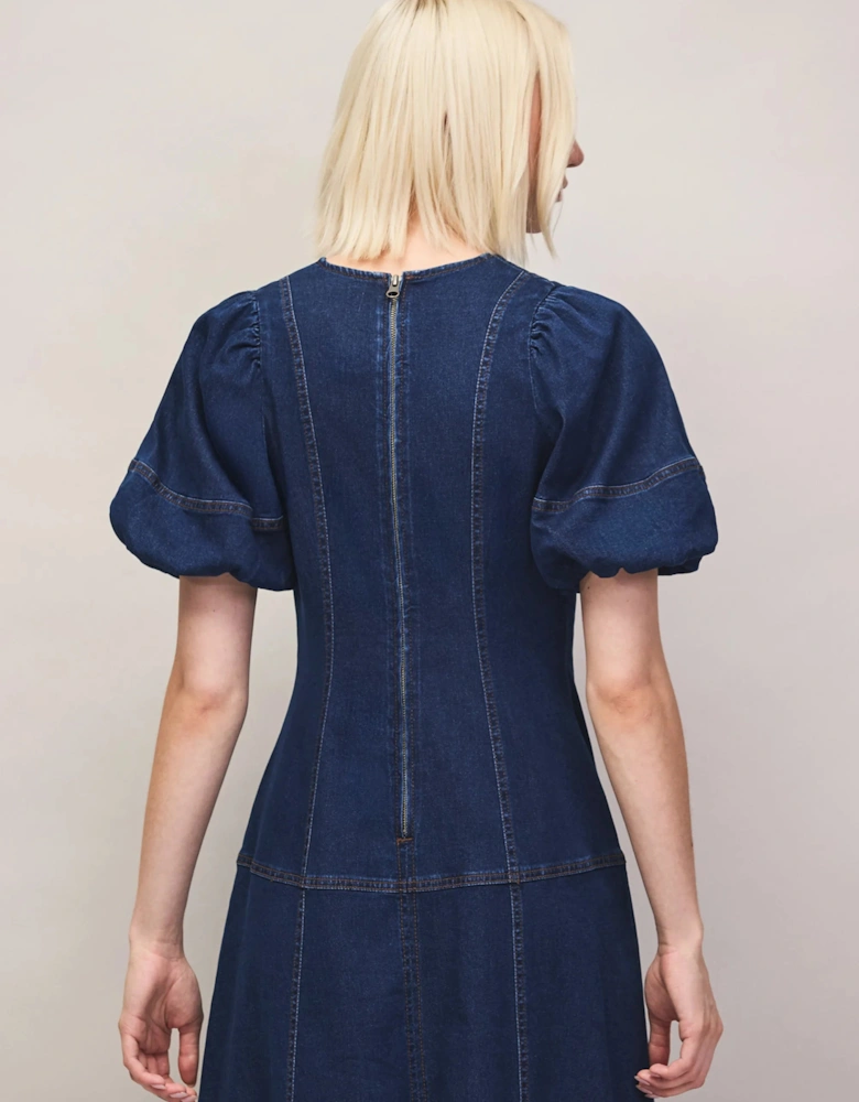 Blue Denim Puff Sleeve Midi Dress