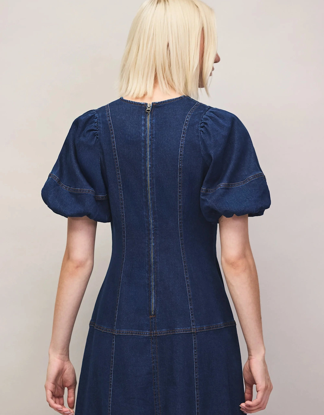Blue Denim Puff Sleeve Midi Dress