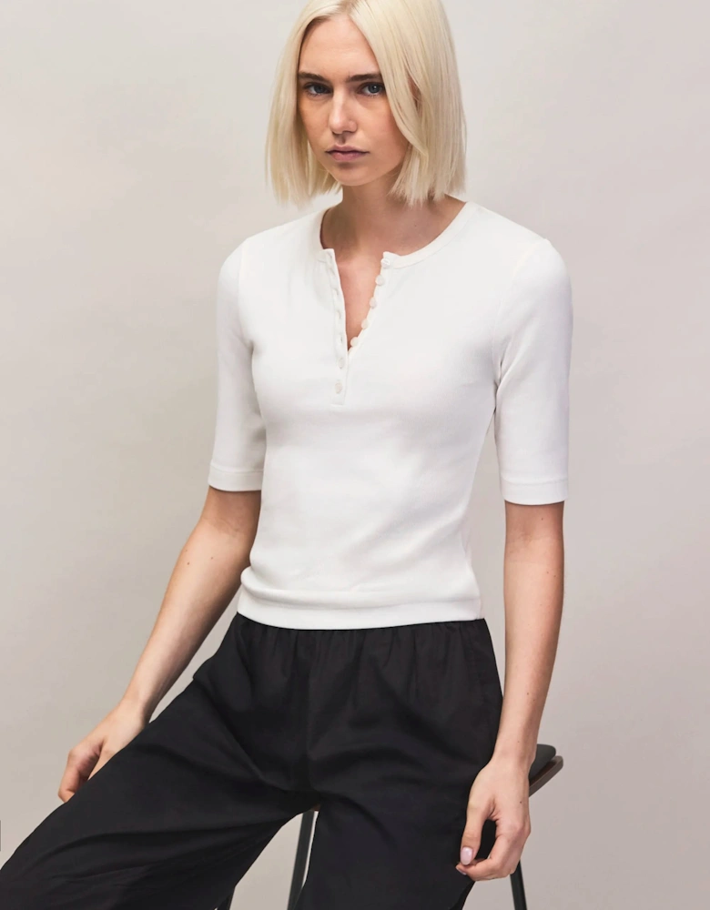 Ivory Ribbed Jersey Henley Top