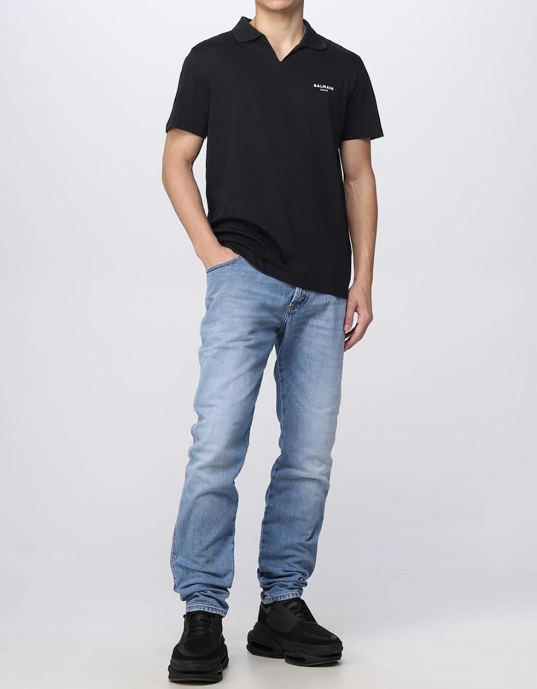 Balmain Small Flock Logo Polo Shirt in Black
