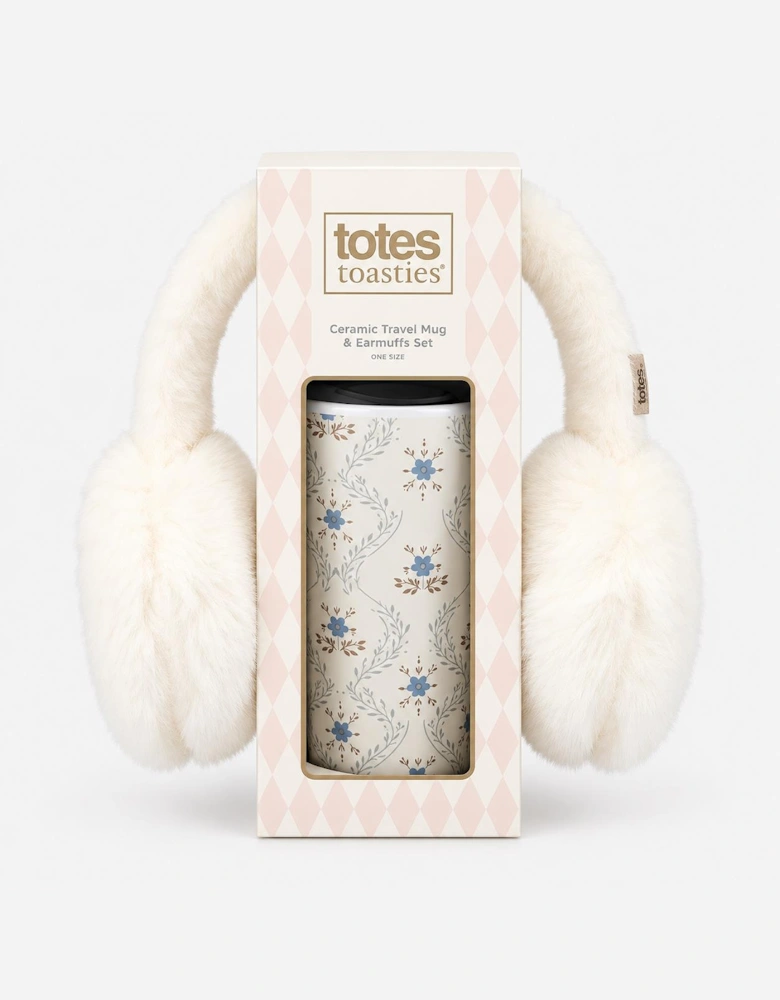 Totes Toasties CERAMIC TRAVEL MUG & EARMUFF SET Womens Earmuffs Blue Floral / Cream