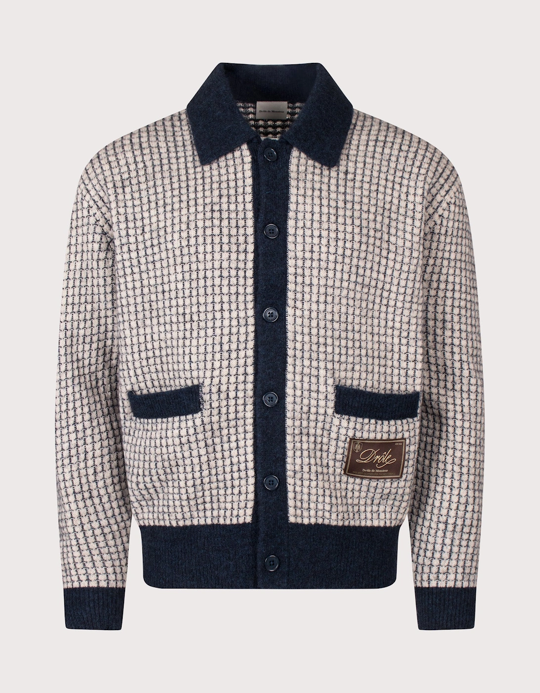 Relaxed Fit Drôle Patch Waffle Knit Cardigan