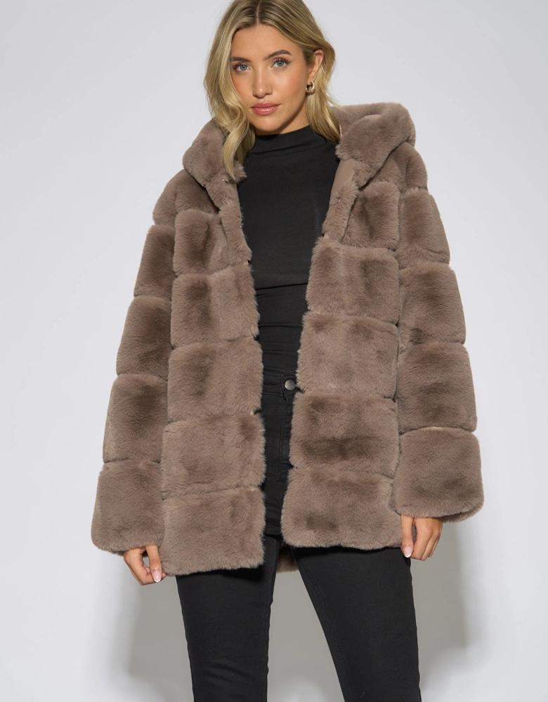Mocha Horizontal Cut Fur Hooded Jacket