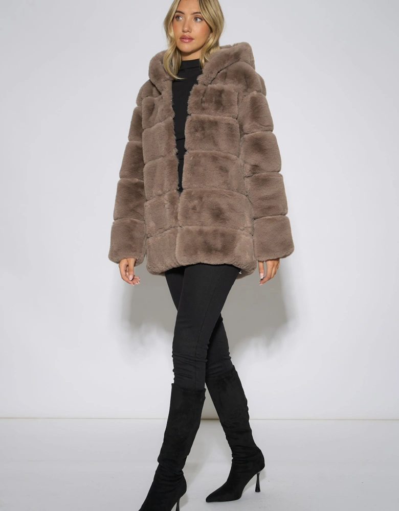 Mocha Horizontal Cut Fur Hooded Jacket