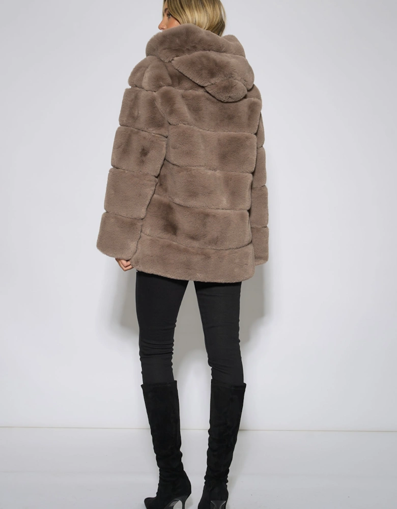 Mocha Horizontal Cut Fur Hooded Jacket