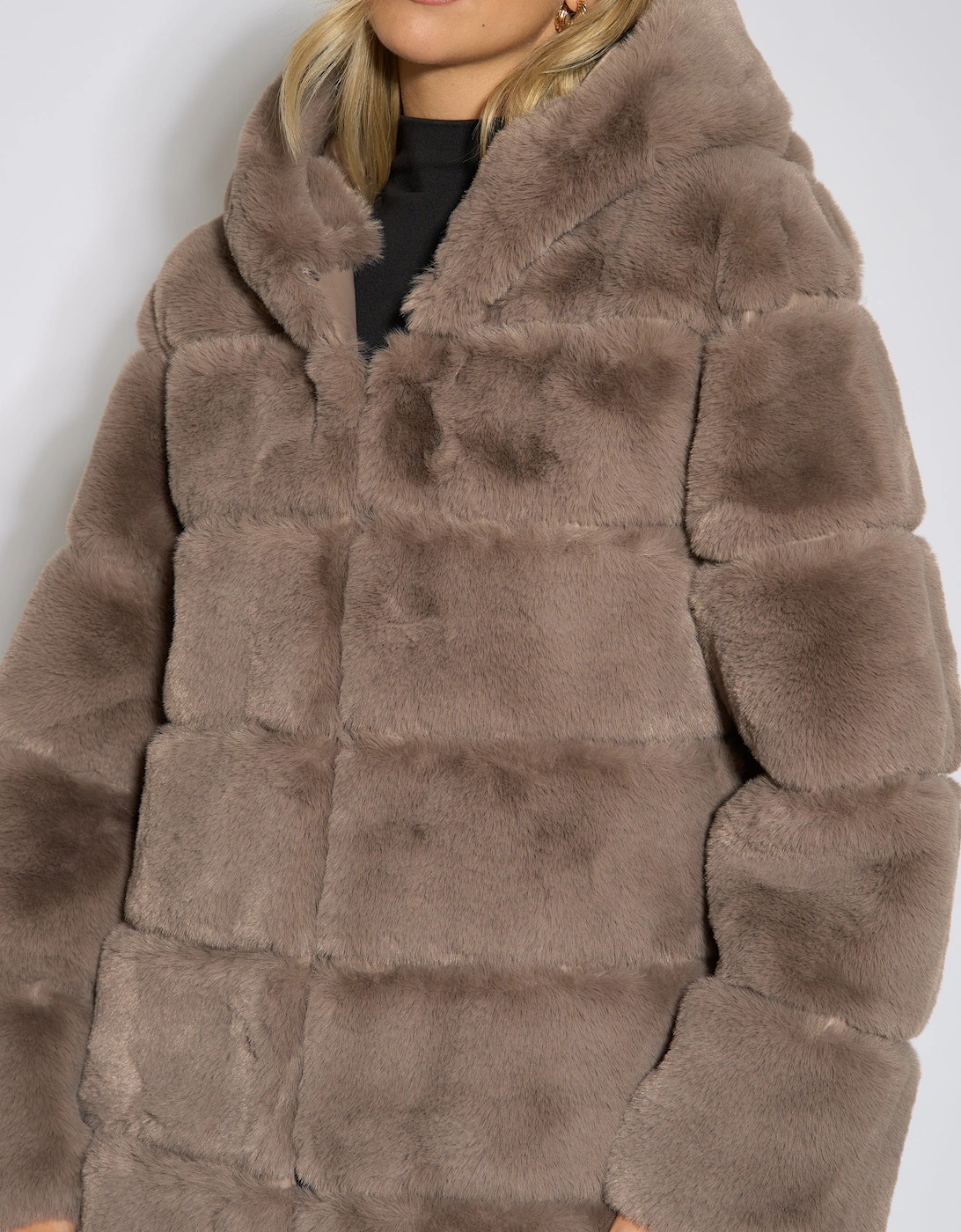 Mocha Horizontal Cut Fur Hooded Jacket