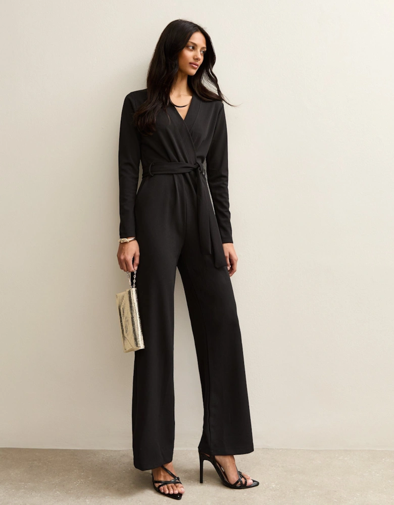 Black Jersey Wrap Elasticated Waist Belted Jumpsuit