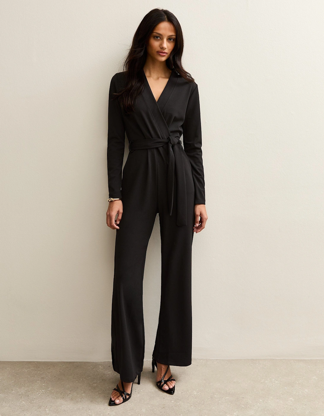 Black Jersey Wrap Elasticated Waist Belted Jumpsuit