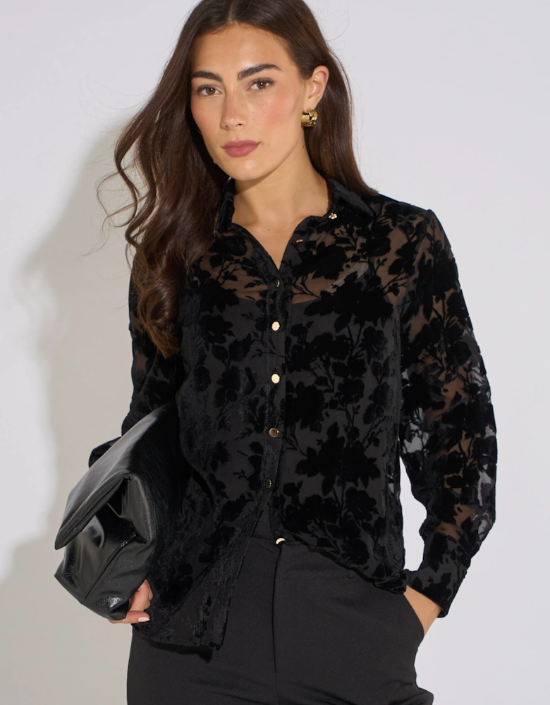 Black Floral Burnout Long Sleeve Shirt