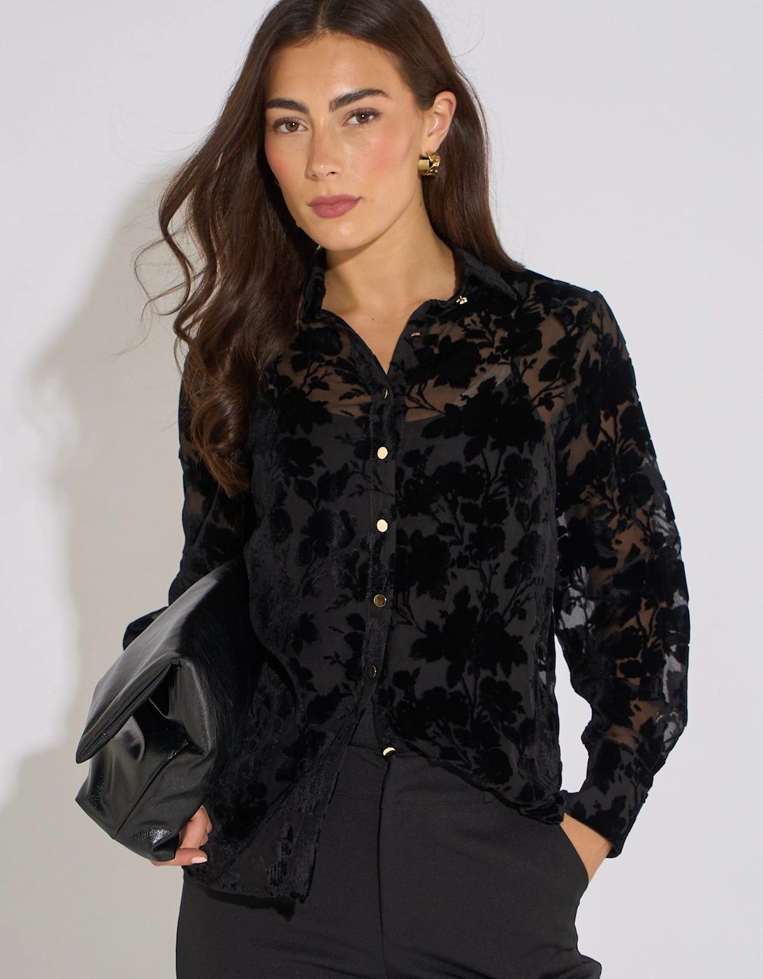 Gini London Women's Black Floral Burnout Long Sleeve Shirt - Size: 10