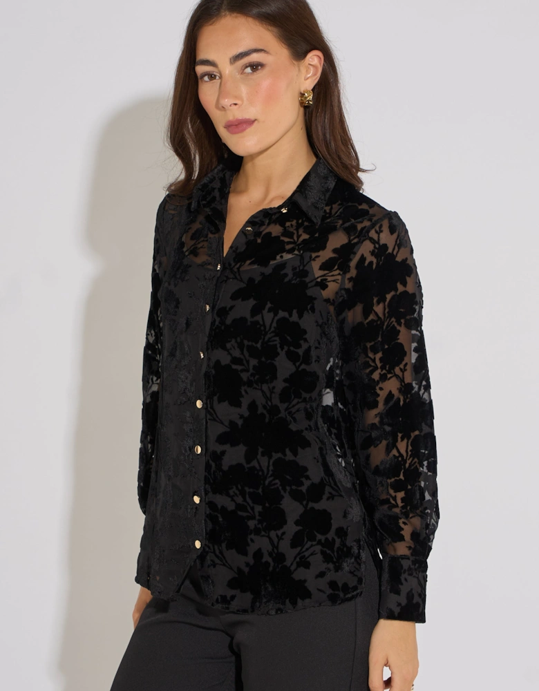 Black Floral Burnout Long Sleeve Shirt