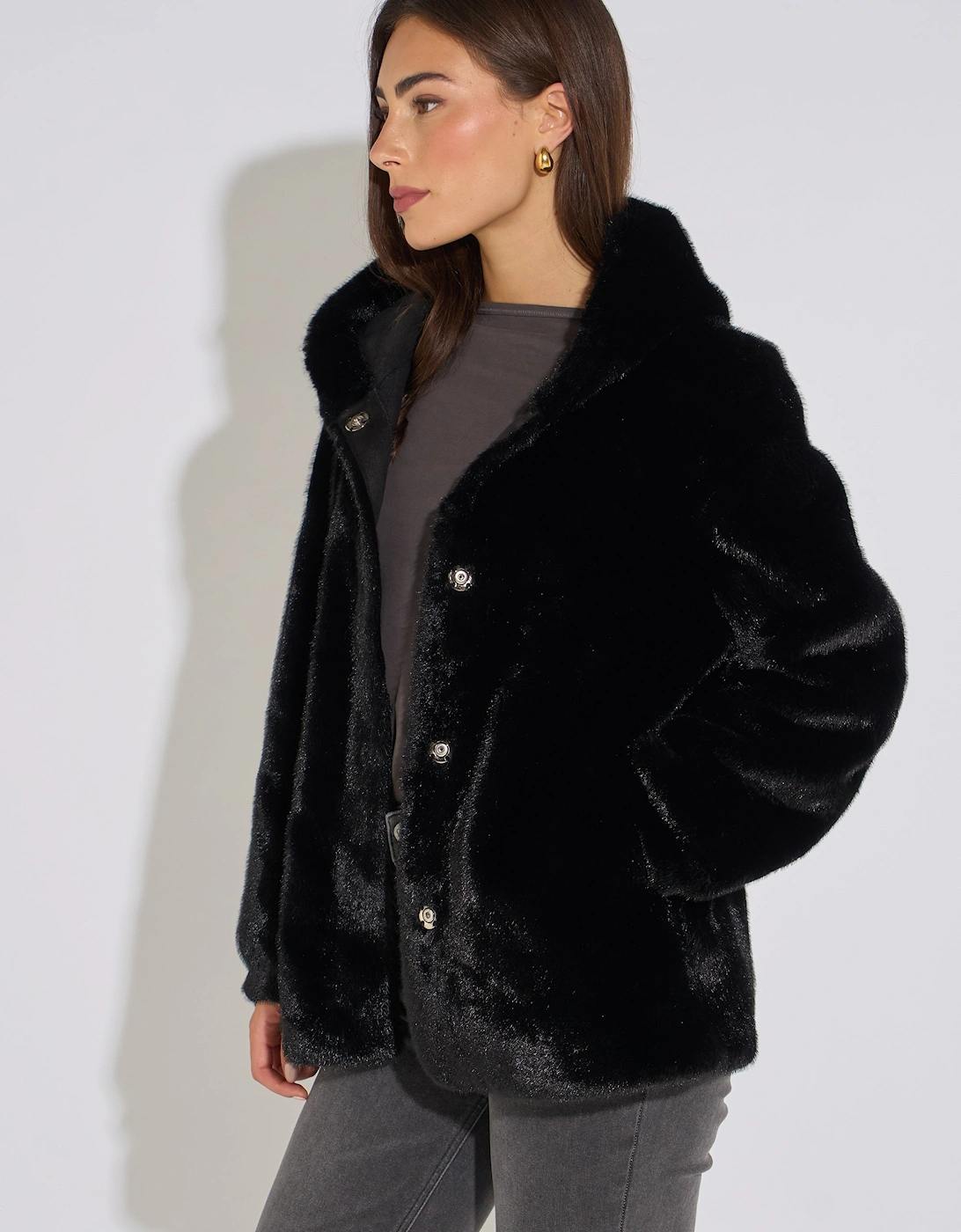 Black Hooded Faux Fur Mid Length Jacket